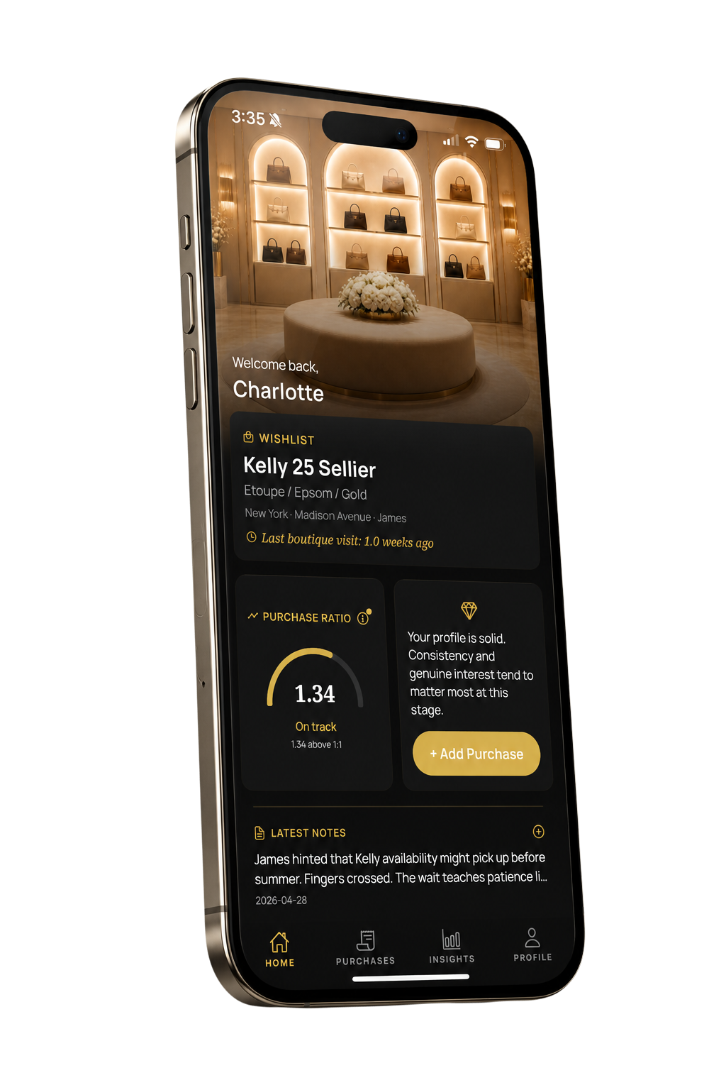 MyQuotaBag app screenshot showing Hermès quota bag dashboard with purchase ratio